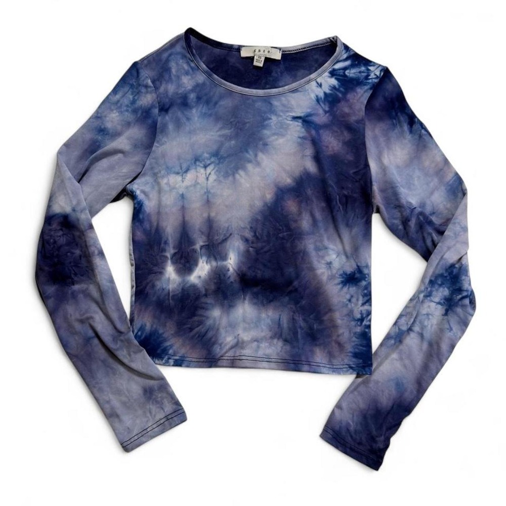 Gaze Indie Sleaze Blue Tie Dye Abstract Watercolor Long Sleeve Crop Top
